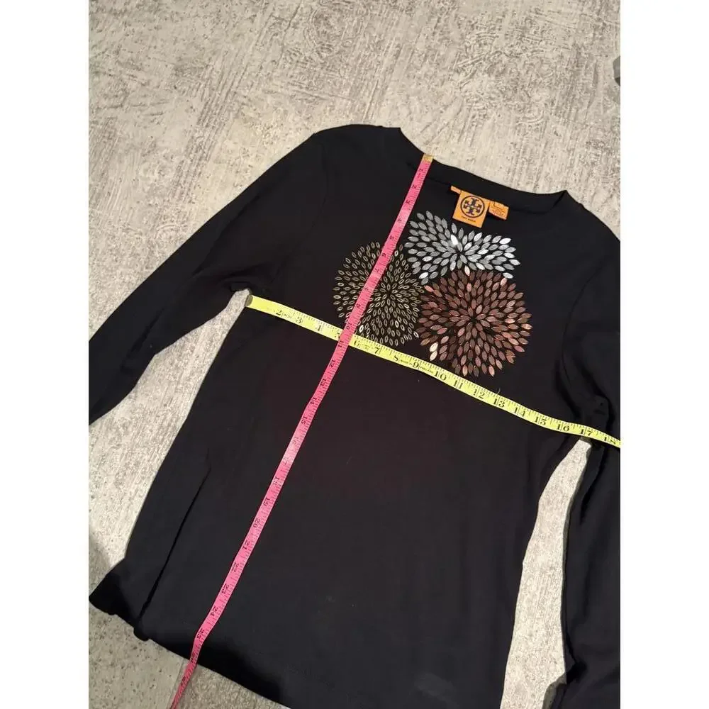 Tory Burch Women's Black Long Sleeve Top with Floral Sequin Detail sz L